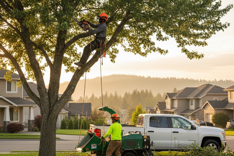 Professional tree service crew performing safe tree pruning and wood chipping in a Lynnwood WA residential neighborhood.