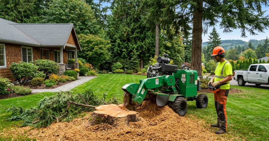 Professional arborist performing stump grinding in Snohomish WA backyard 98296
