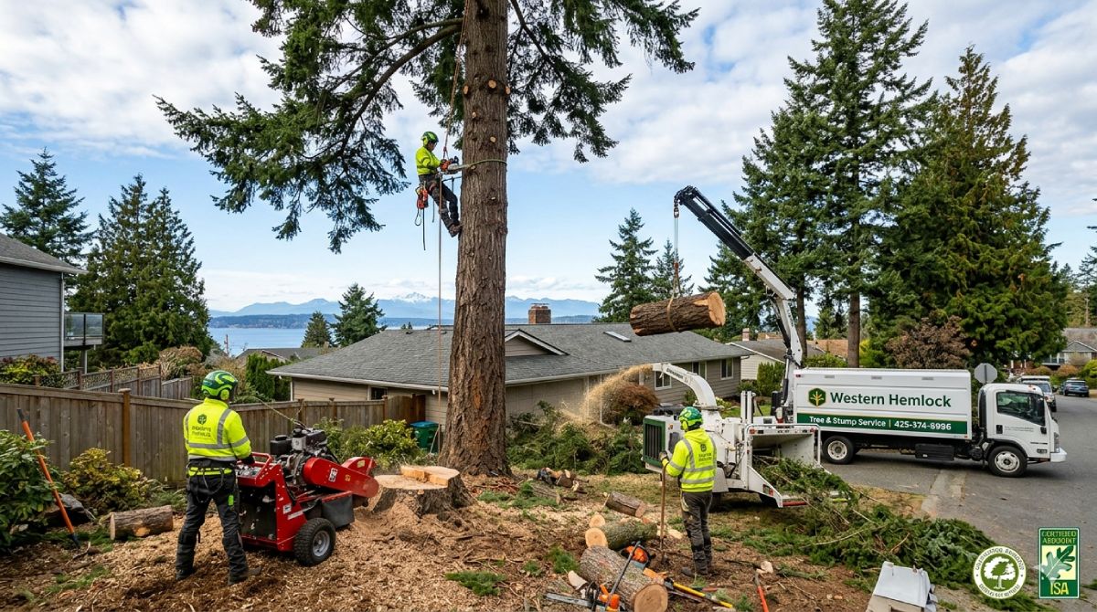 Professional Western Hemlock tree removal crew using a crane, wood chipper, and stump grinder at a residential property in Edmonds, WA, with views of Puget Sound