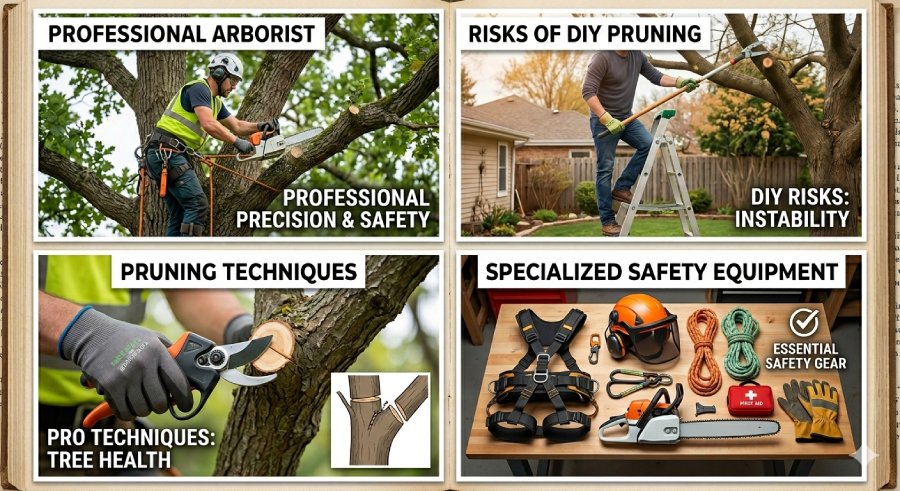 Professional arborist vs DIY tree pruning safety guide showing expert techniques, safety equipment, and pruning risks.