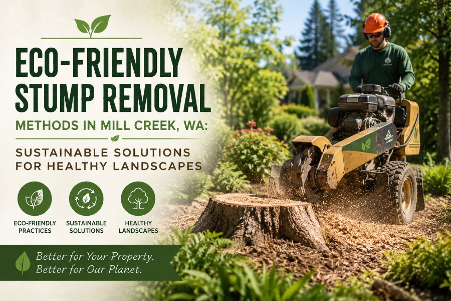 Eco-friendly stump removal service in Mill Creek WA using sustainable stump grinding methods for healthy residential landscapes