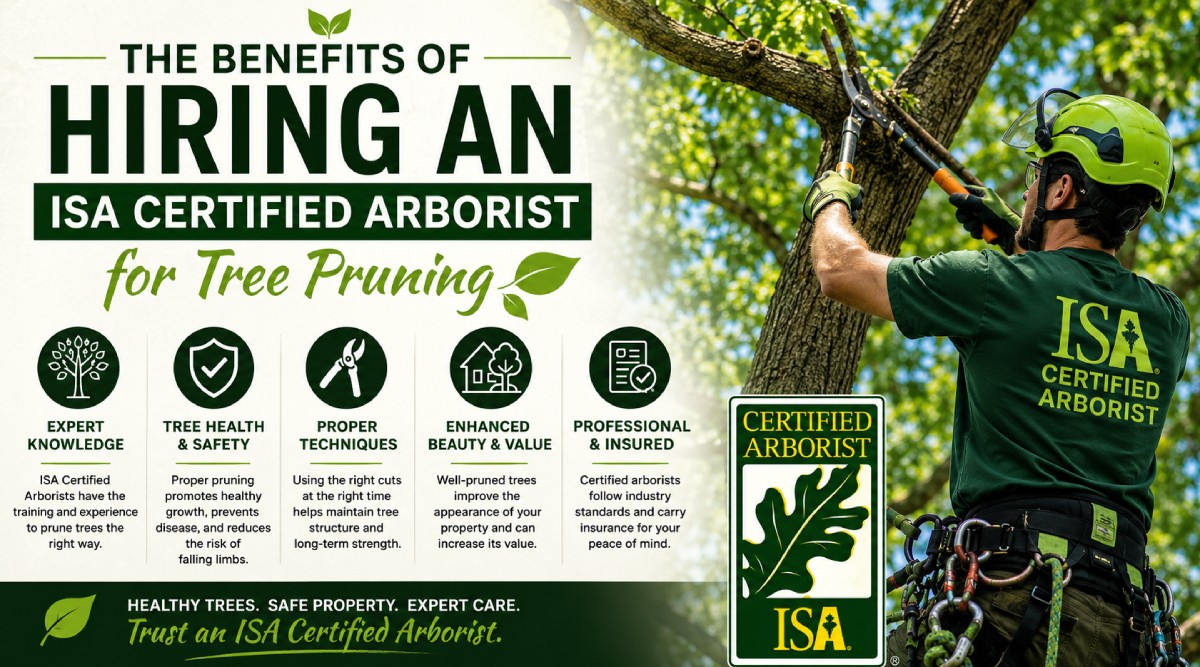 ISA Certified Arborist professionally pruning a tree, highlighting the benefits of expert tree pruning services including tree health, safety, proper pruning techniques, enhanced property value, and insured arborist care.