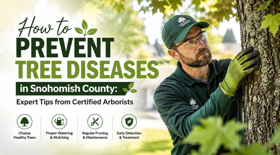 Certified arborist inspecting a tree for disease prevention in Snohomish County