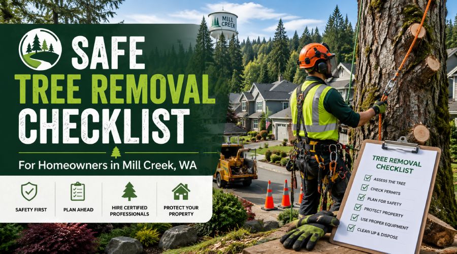 Certified arborist performing safe tree removal at a residential property in Mill Creek, WA.