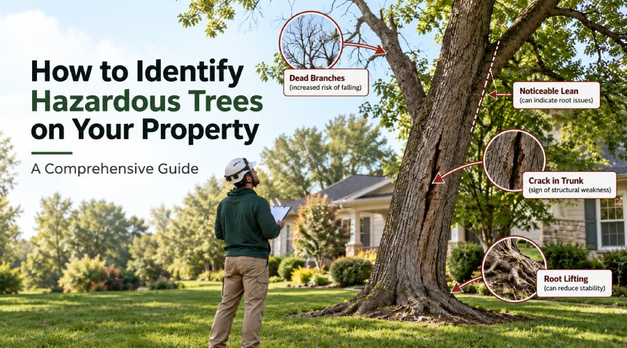 Arborist inspecting a hazardous tree with dead branches, trunk cracks, leaning growth, and exposed roots on a residential property.