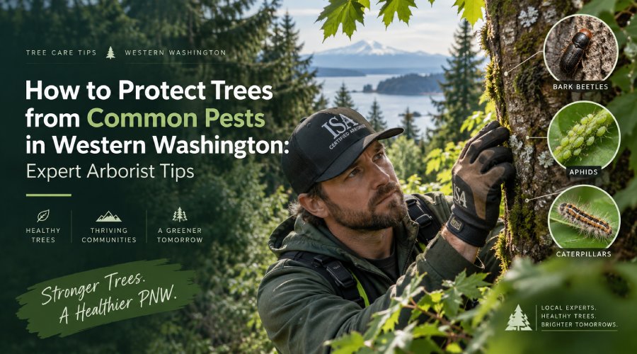 Certified arborist inspecting a tree for common pests in Western Washington, including bark beetles, aphids, and caterpillars.